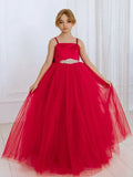 Princess Dress  Birthday Party First Communion Gowns Flower Girl Dresses Red Tulle Diamond Belt With Bow Sleeveless For Wedding