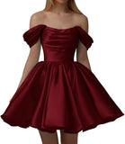 Vestidos de fiesta de satén con hombros descubiertos para mujer, corte A, cortos, plisados, sin tirantes, para boda y fiesta. 