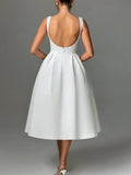 Vestidos de fiesta de satén con cuello barco y midi, largos hasta la rodilla, espalda escotada, corte en A, vestidos formales de noche para fiesta, vestido de cóctel y fiesta 