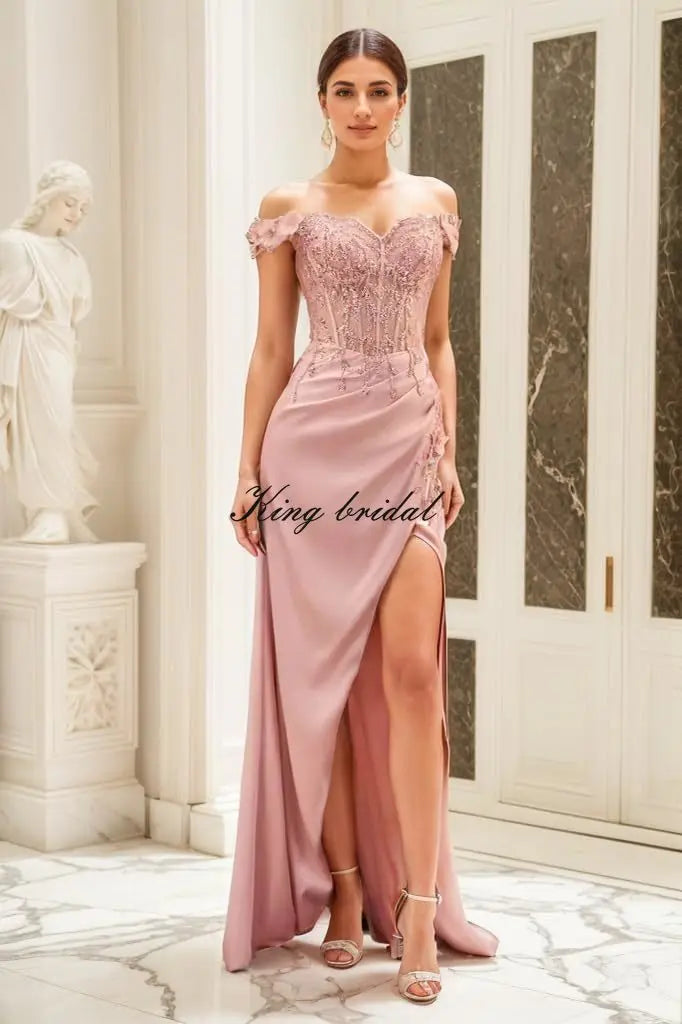 Elegant Satin Prom Dresses for Women Long 2025 3D Flower Lace Applique Off Shoulder Formal Evening Wedding Party Gown with Slit