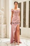 Elegant Satin Prom Dresses for Women Long 2025 3D Flower Lace Applique Off Shoulder Formal Evening Wedding Party Gown with Slit