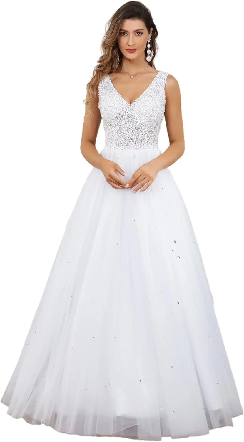 Vestidos de novia de encaje para mujer, tul, escote en V, lentejuelas y cuentas, sencillos, blancos 