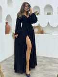 Vestido de dama de honor de manga larga para mujer, con tirantes finos, para invitada de boda, con abertura y bolsillos, vestido formal fruncido. 