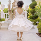 Vestido de comunión para niña de las flores, de satén blanco, con tul y flores escalonadas, apliques con lazo y manga larga para boda. 