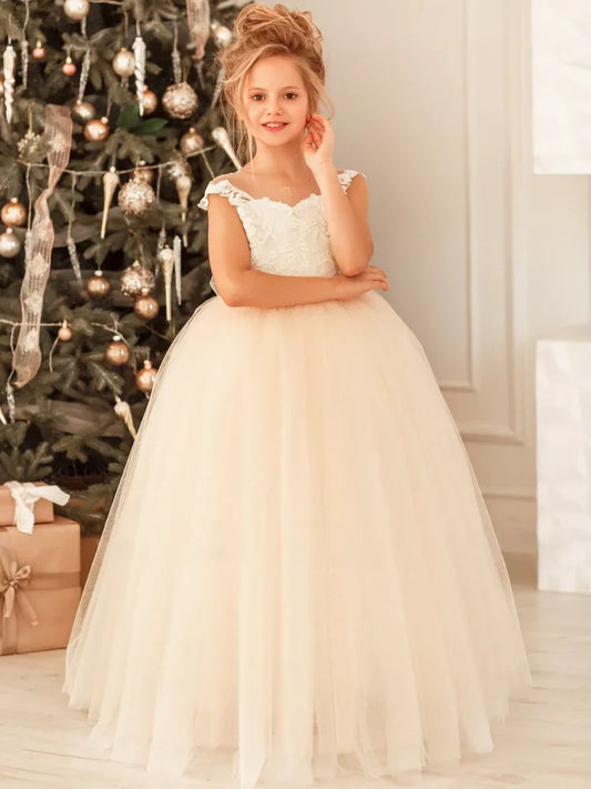Apliques de tul blanco marfil con lazo, sin mangas, para bodas, cumpleaños, banquetes, vestidos de princesa, vestidos para niñas de las flores 