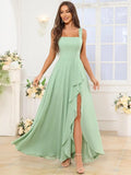 Chiffon Ruffle Bridesmaid Dresses for Women Square Neck Formal Evening Dress with Slit elegant dress women for wedding party