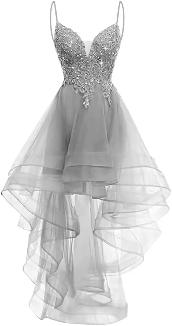 Lace Applique Homecoming Dresses 2025 High Low Spaghetti Straps Tulle Short Prom Dress for Teens Glitter Quinceanera Dress Gowns