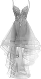 Lace Applique Homecoming Dresses 2025 High Low Spaghetti Straps Tulle Short Prom Dress for Teens Glitter Quinceanera Dress Gowns