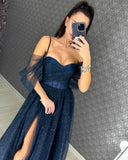 Sparkling Evening Dress with Sweetheart Corset Off-Shoulder Sleeves A-Line Skirt with High Slit Customizable Colors Glitter Gown