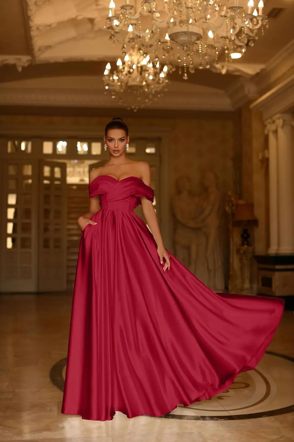 Damen Schulterfreies Satin-Ballkleid, lang, V-Ausschnitt, A-Linie, formelles Abendkleid mit Taschen, Ballkleid 