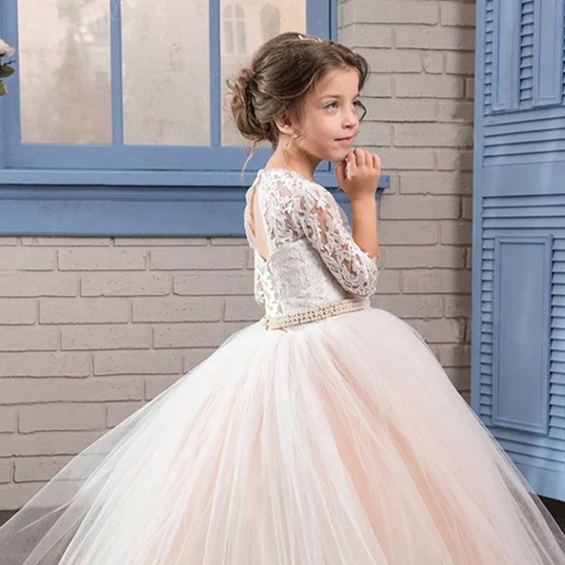 Apliques blancos de tul champán con cinturón de perlas de diamantes y media manga para bodas, cumpleaños, primera comunión, vestidos de niña de las flores 