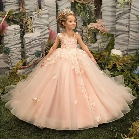 Kleid mit 3D-Schmetterlingsapplikation, Blumenmädchenkleider, Spitzentüll, Festzugskleid für Mädchen, Geburtstagskleider für Mädchen für Partys und Hochzeiten 