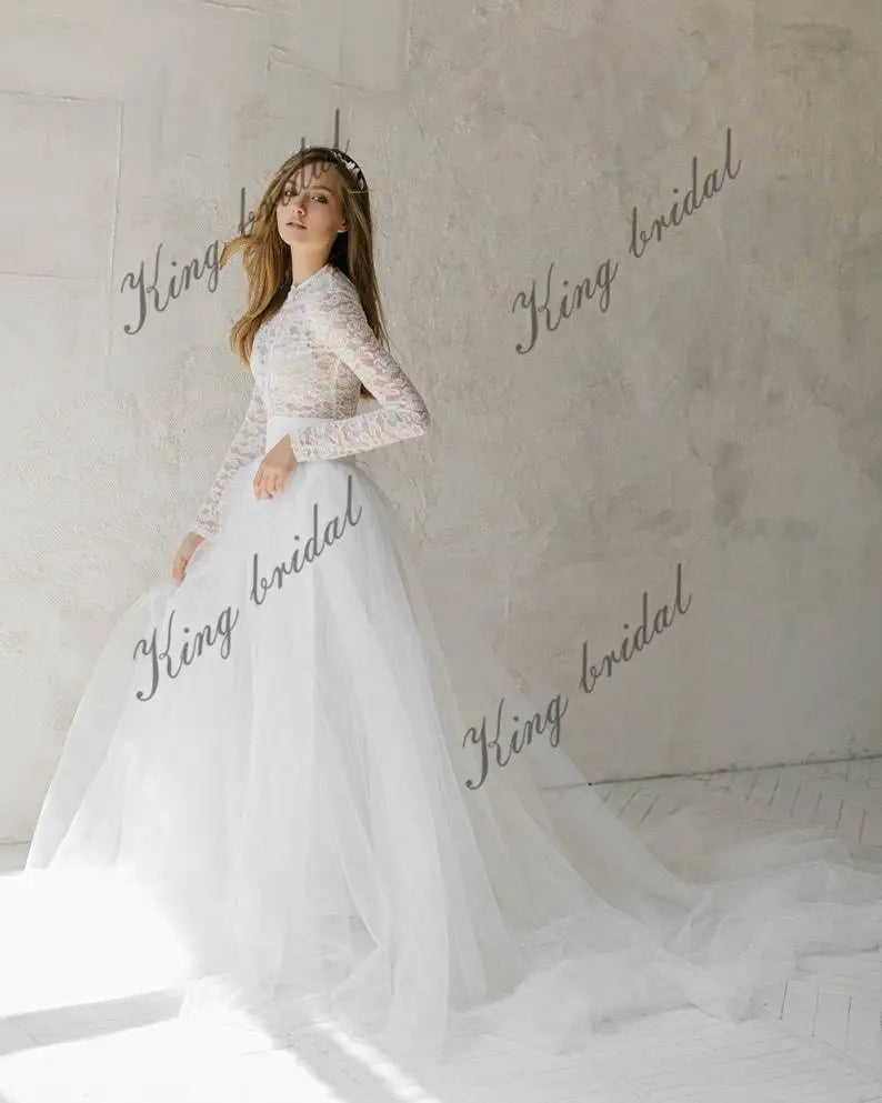 Off white tulle wedding dress lace wedding gown bohemian bridal separates Two piece  simple wedding dresses