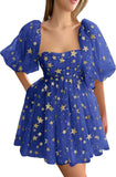 Vestidos de fiesta cortos de tul con estrellas brillantes, hechos a medida, para adolescentes, minivestido de fiesta con estrellas brillantes y mangas abullonadas, vestido formal para club. 