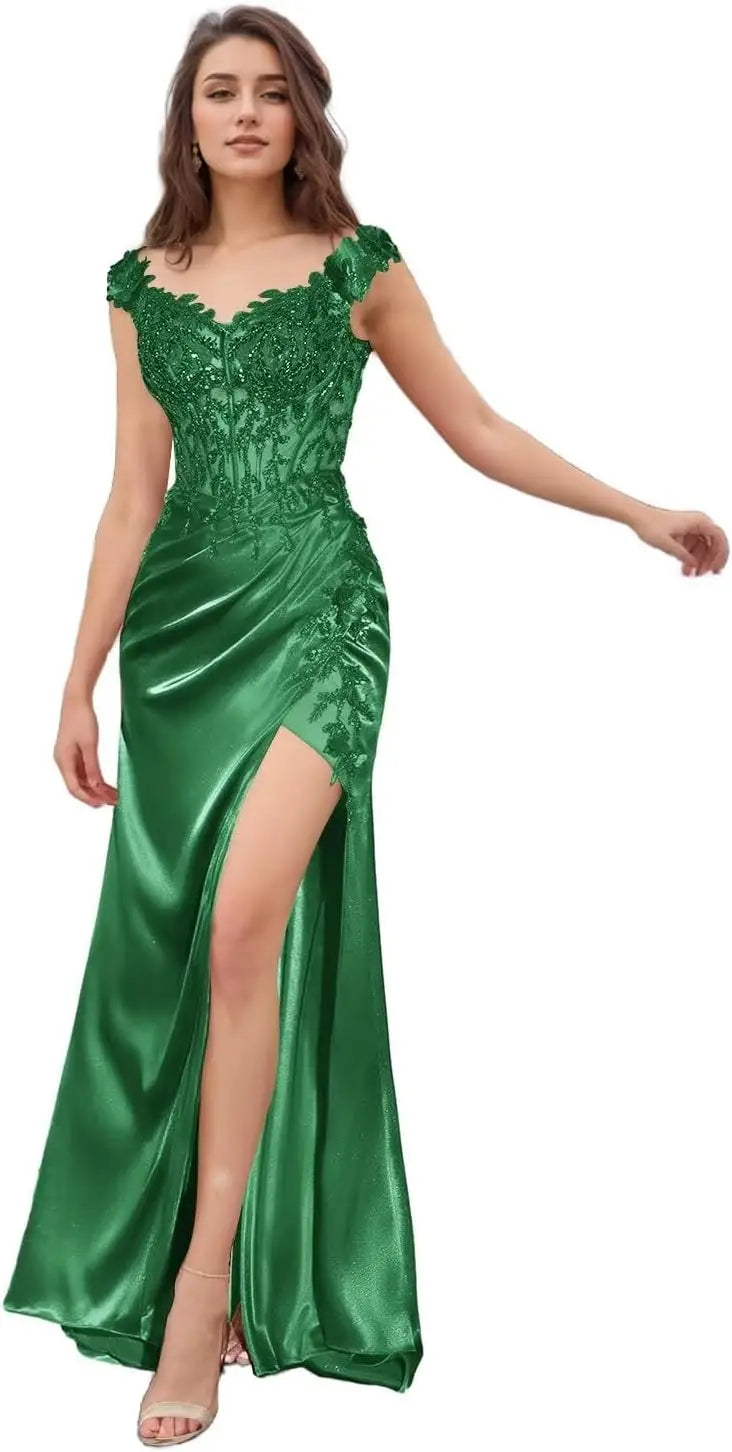 Elegant Satin Prom Dresses for Women Long 2025 3D Flower Lace Applique Off Shoulder Formal Evening Wedding Party Gown with Slit