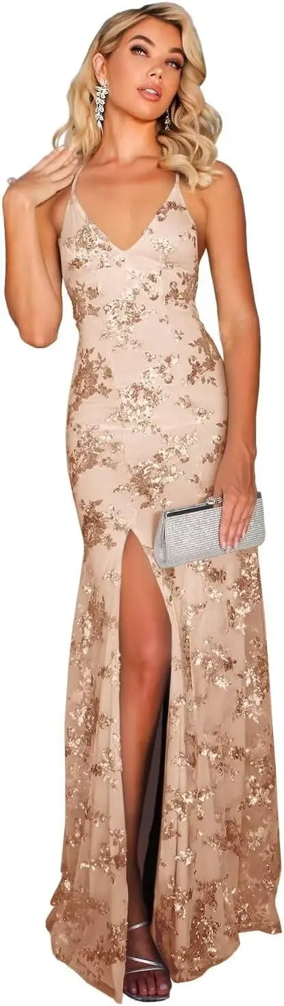 Vestidos de fiesta de sirena con encaje y lentejuelas sexys para mujer 2025, vestido formal de noche con tirantes finos largos y abertura de encaje brillante. 