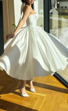 Strapless Prom Dresses 2025 Sweetheart Satin Tea Length Puffy Party Dresses for Women simple wedding dress short wedding dress