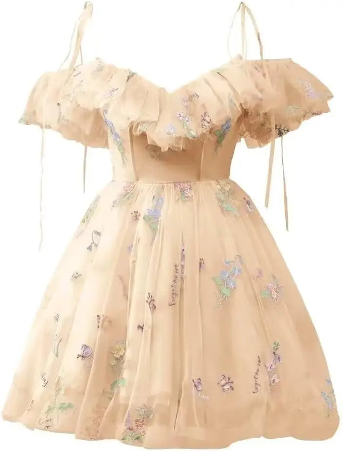 Blumenstickerei Tüll Kurze Heimkehrkleider für Teenager Mini Fee V-Ausschnitt Formales Abschlussball-Cocktailpartykleid 2025 
