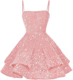 Kurze Pailletten-Heimkehrkleider für Teenager 2025, glitzernde Spaghettiträger, Sweet 16-Abschlussball-Cocktailkleid, Ballkleid, Partykleider 