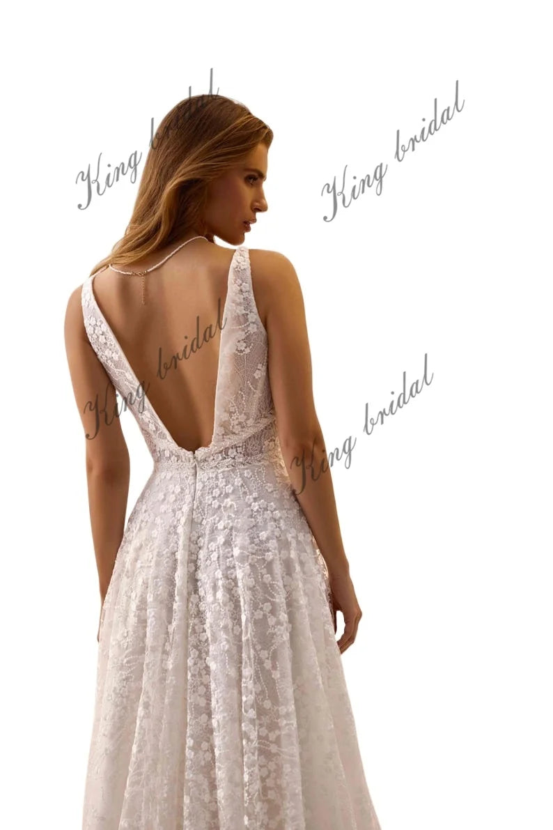 Vestido de novia de encaje floral con espalda abierta y corte A | Vestido de novia a medida, vestido de novia sencillo, vestido de novia blanco 