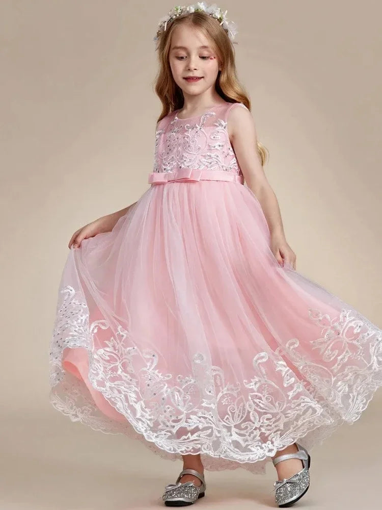 Pink Sequin White Appliques With Bow Sleeveless For Wedding Birthday Party Holy Communion Gowns Flower Girl Dresses
