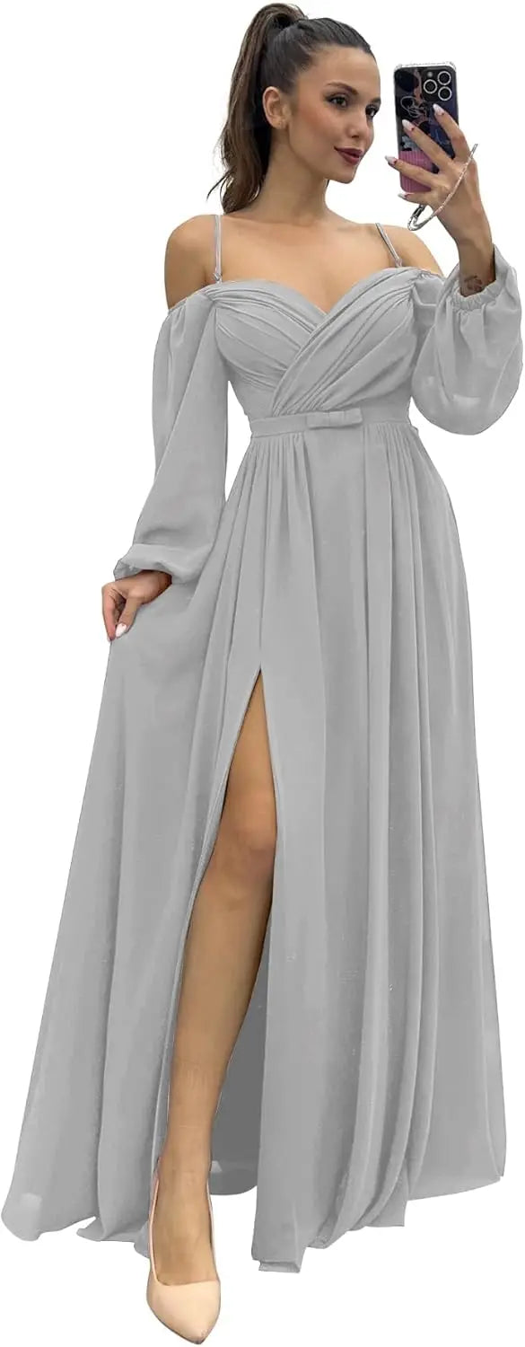 Vestido de dama de honor de manga larga para mujer, con tirantes finos, para invitada de boda, con abertura y bolsillos, vestido formal fruncido. 