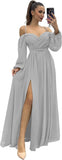 Vestido de dama de honor de manga larga para mujer, con tirantes finos, para invitada de boda, con abertura y bolsillos, vestido formal fruncido. 