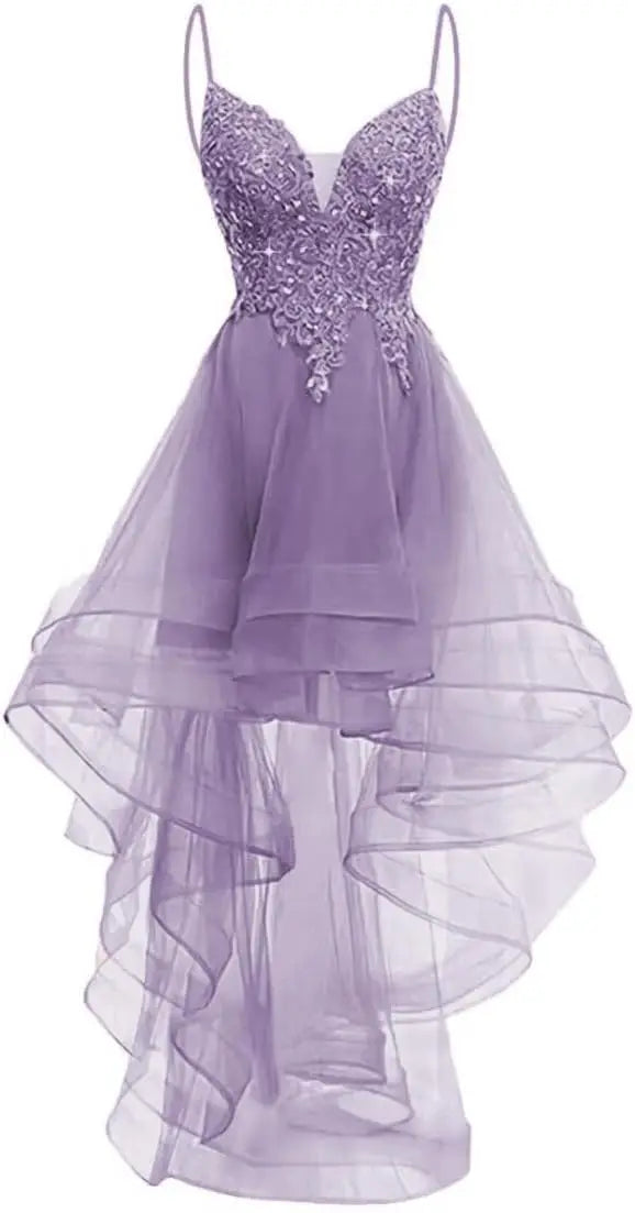Lace Applique Homecoming Dresses 2025 High Low Spaghetti Straps Tulle Short Prom Dress for Teens Glitter Quinceanera Dress Gowns