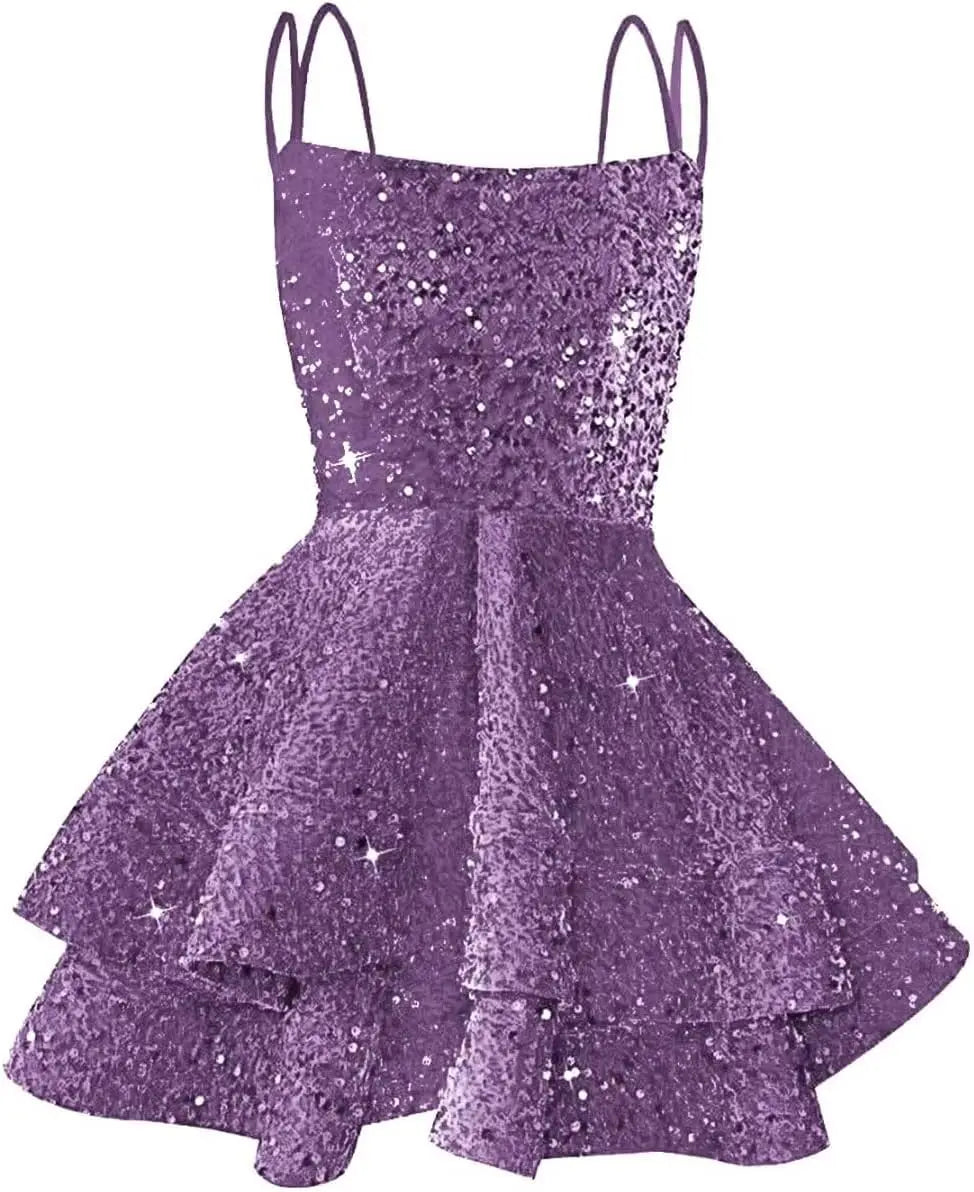 Hübsches, funkelndes Pailletten-Heimkehrkleid für Teenager, kurzes, gestuftes Ballkleid mit quadratischem Ausschnitt und A-Linie, Cocktail-Club-Partykleid 