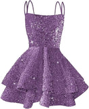 Hübsches, funkelndes Pailletten-Heimkehrkleid für Teenager, kurzes, gestuftes Ballkleid mit quadratischem Ausschnitt und A-Linie, Cocktail-Club-Partykleid 