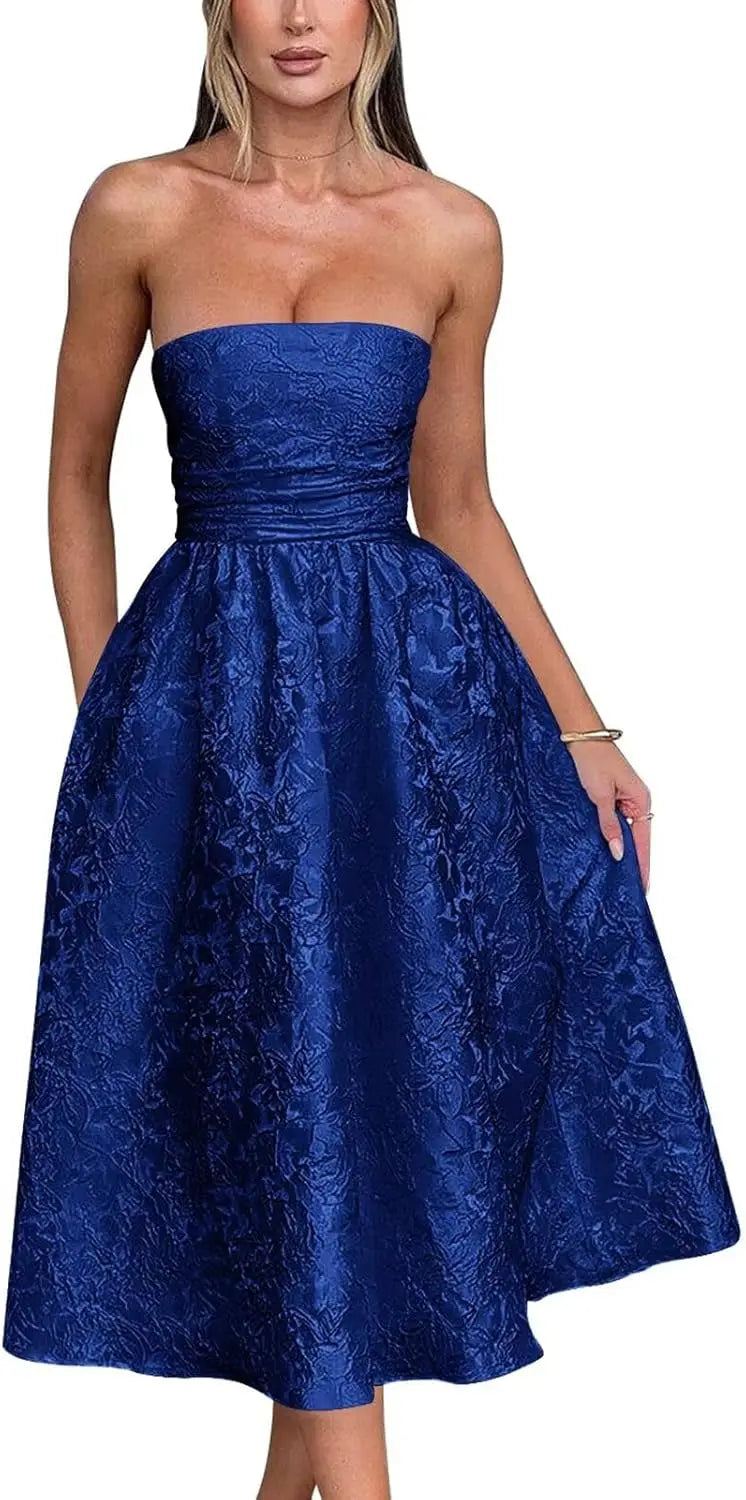 Vestido de fiesta de satén jacquard floral, largo hasta la rodilla, corte A, sin tirantes, con corsé, para dama de honor, para fiesta de noche formal 