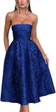 Vestido de fiesta de satén jacquard floral, largo hasta la rodilla, corte A, sin tirantes, con corsé, para dama de honor, para fiesta de noche formal 