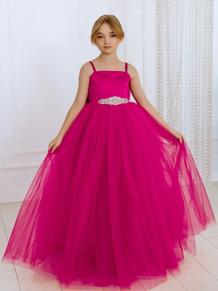 Princess Dress  Birthday Party First Communion Gowns Flower Girl Dresses Red Tulle Diamond Belt With Bow Sleeveless For Wedding