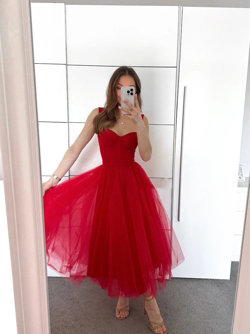 Tulle Tea-Length Prom Dresses High Quality Sweetheart Spaghetti Straps Party & Vacation Wear Elegant Plain A-line Evening Gowns
