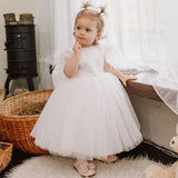 Party Birthday Holy Communion Gowns Flower Girl Dresses White Tulle Wave Point Skirt With Bow Feather Sleeve For Wedding