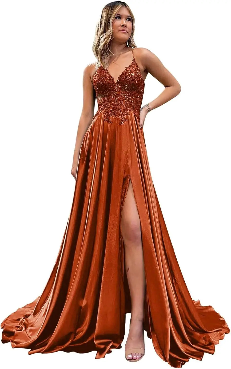 Spaghetti Strap Sequin Applique Prom Dresses with Slit A-Line Long Satin Sparkly Formal Evening Party Gowns party dress