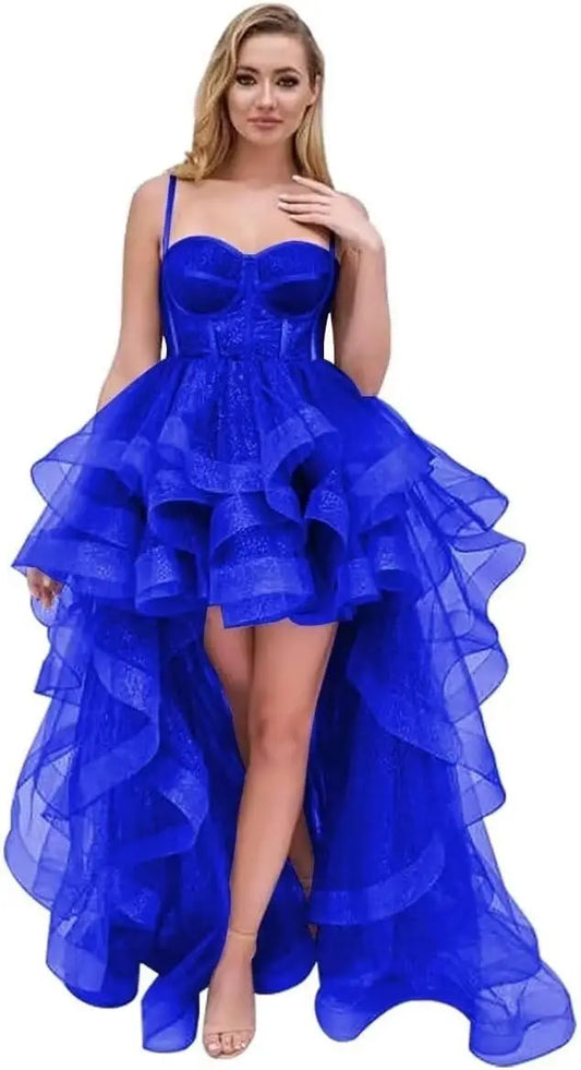 Vestido de fiesta corto de tul con tirantes finos y volantes 2025, vestidos de fiesta altos y bajos para adolescentes, vestido de graduación 