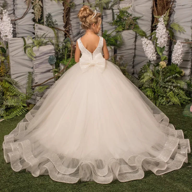White Tulle Puffy Round Neck Shiny Hem With Big Bow For Wedding Birthday Party First Communion Gowns Flower Girl Dresses