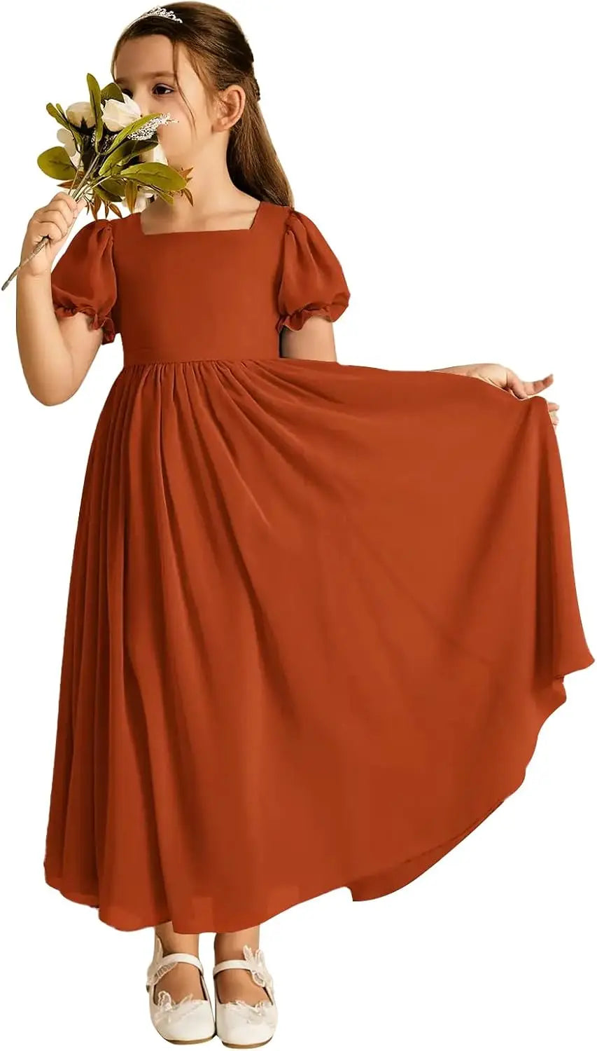 Long Chiffon Junior Bridesmaid Dresses for Wedding with Sleeve Formal Flower Girl Dress for Teens princess dress