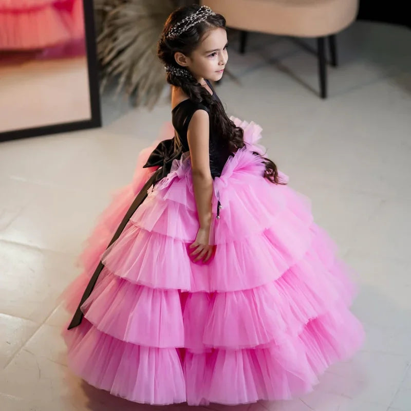Vestido de princesa de tul negro y rosa con lazo, sin mangas, para bodas, cumpleaños, banquetes, personalizado, para niñas de las flores. 