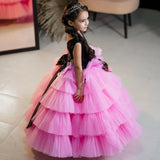 Vestido de princesa de tul negro y rosa con lazo, sin mangas, para bodas, cumpleaños, banquetes, personalizado, para niñas de las flores. 