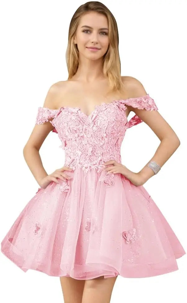 Glitter Tulle Appliques Homecoming Dresses for Teens Beaded Off Shoulder Short Prom Dresses Lace Cocktail Mini Dress Club Gowns