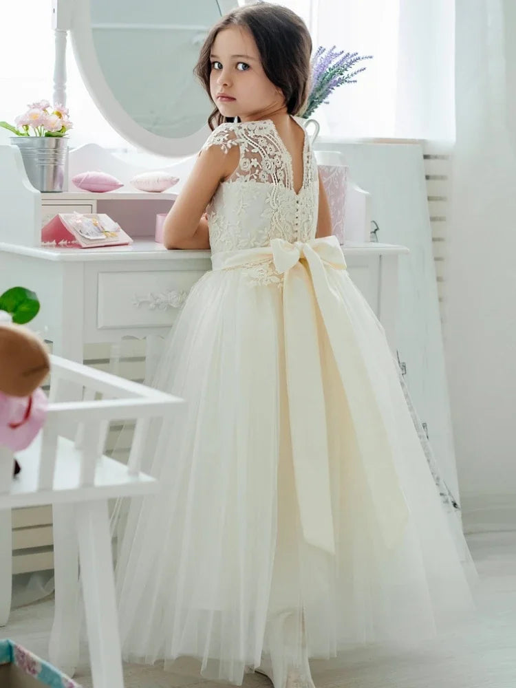 Apliques color marfil con vuelo y cinturón de lazo, sin mangas, para bodas, fiestas de cumpleaños, banquetes, vestidos de primera comunión y vestidos de niña de las flores. 