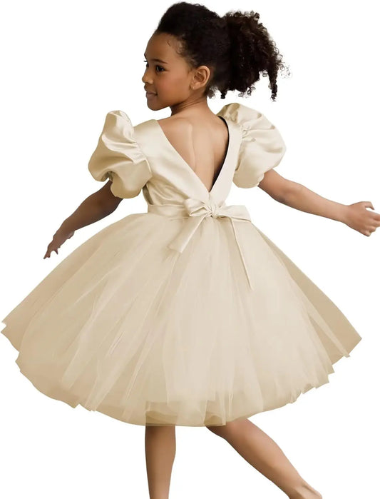 Vestidos de tul con mangas abullonadas para niña de las flores, para bodas, cumpleaños, fiestas, satén y tul con lazo. 