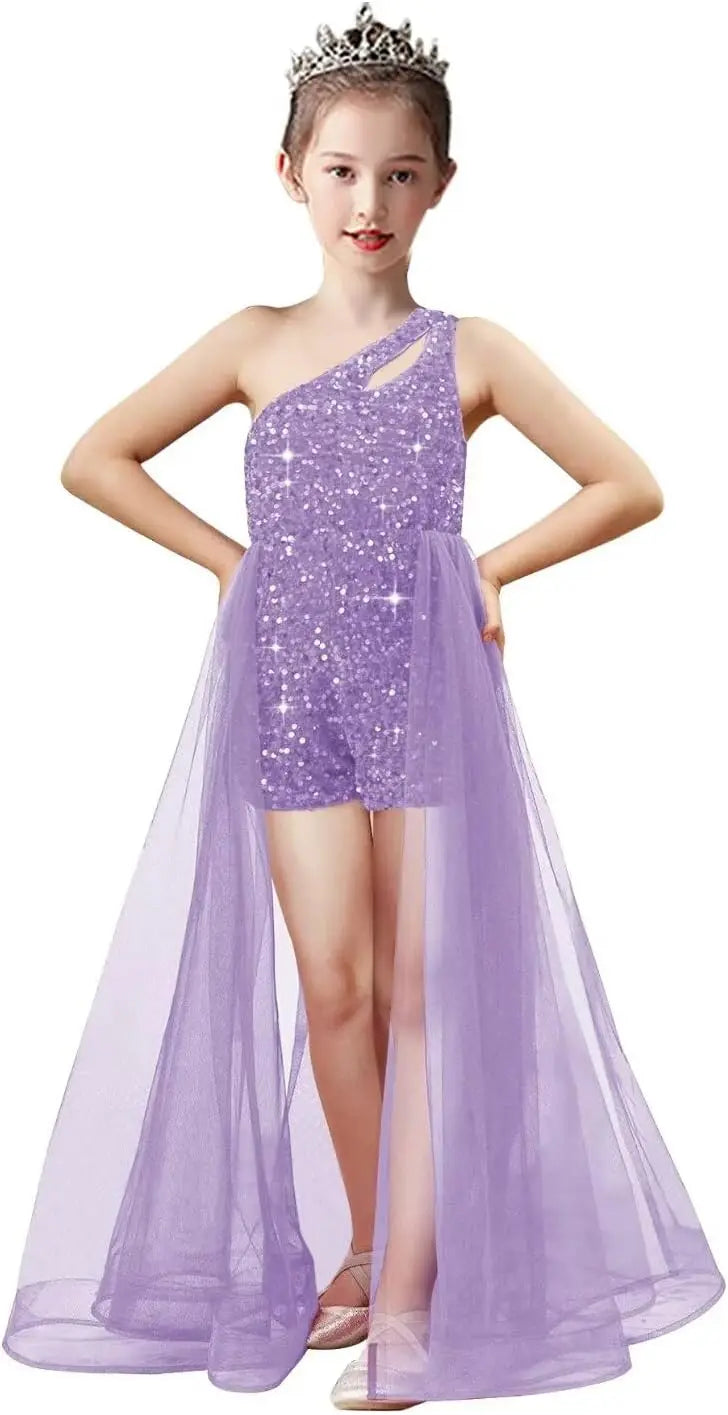 Einschultriges Festzugskleid, Jumpsuits, Blumenmädchenkleid, Pailletten-Mädchen-Ballkleider, Tüll-Strampler, Maxikleid mit Cape, Partykleider 