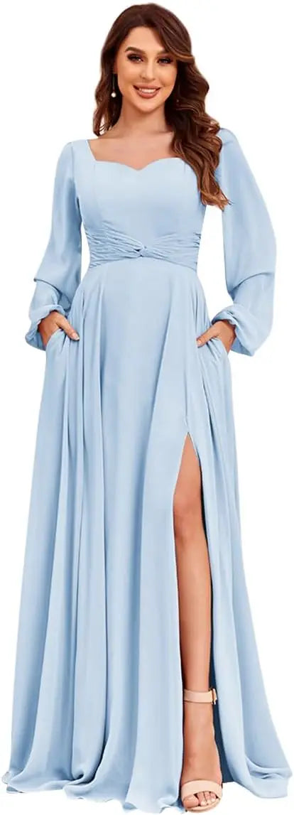 Damen Langarm Brautjungfernkleider mit Taschen Split Plissee Chiffon Formales Abendkleid Partykleid formelles Kleid Frauen elegant 