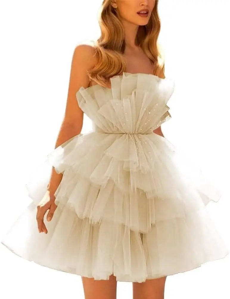 Vestidos de fiesta de tul con hombros descubiertos, abullonados, cortos, sin tirantes, de malla, con volantes, formales, para cóctel o gala 