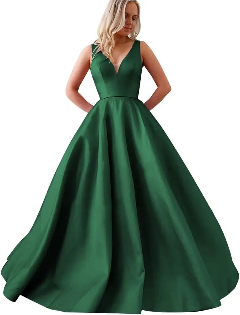 Satin A Line Wedding Dresses for Bride V Neck Prom Dresses with Pockets Simple Long Ball Gowns