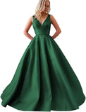 Satin A Line Wedding Dresses for Bride V Neck Prom Dresses with Pockets Simple Long Ball Gowns