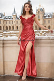 Elegant Satin Prom Dresses for Women Long 2025 3D Flower Lace Applique Off Shoulder Formal Evening Wedding Party Gown with Slit